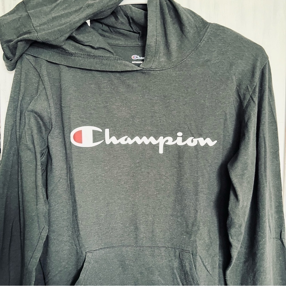 Champion Youth Black Long Sleeve Hoodie Shirt Spell Out Logo Lightweight Large - Picture 5 of 13